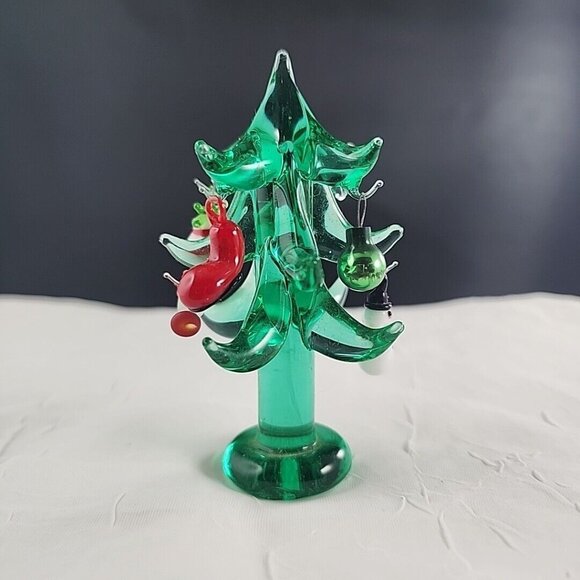 Art Glass Other - Vintage Art Glass Christmas Tree 4" with miniature ornaments green figurine deco